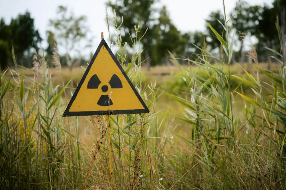 Warnschild für Radioaktivität inmitten von hohem Gras in der Natur.